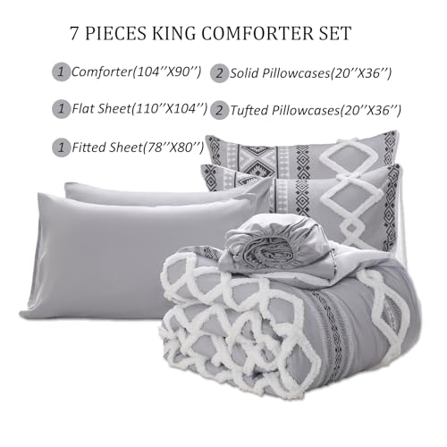 Image of MOVE OVER Gray Tufted Comforter Set King Size 7 Pieces Bed in A Bag Farmhouse Bedding Comforter Sets Boho Aztec Sheet Set and Comforter Set Modern Boho Tufted Bedding Set for All Seasons