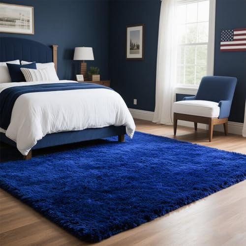 Area Rugs for Bedroom Living Room, 5x7 Soft Large Fluffy Fuzzy Shag Plush Furry Carpet, Soft Indoor Floor Mat for Kids Nursery Home Dorm Office Decor Aesthetic, Blue