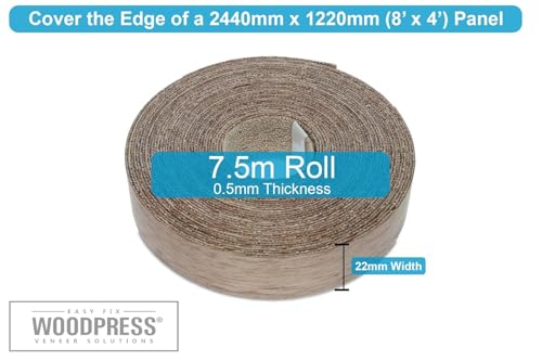 WoodPress 22mm Echt Nussbaum, Eisen-On Kantenanpassung – Hohe Qualität 7,5m Rolle – Vorgeklebt Holzfurnierband für die Einfache DIY-Anwendung – Bedeckt den Rand eines Standard-MDF-Panels