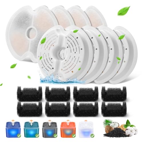 Filtro per fontana d'acqua per gatti, 8 pacchetti di filtri di ricambio per fontana per gatti da 67 oz/2L, 8 pacchetti di filtri e 8 pacchetti di filtri in schiuma per fontana per animali domestici