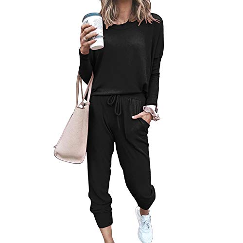 ACOSAP Women Casual Outfit Solid 2 Piece Outfit Long Sleeve Crewneck Pullover Tops and Long Pants Sweatsuits Tracksuits (Black, M)