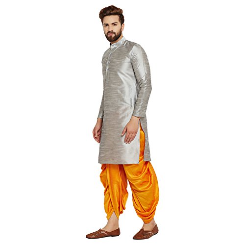 Image of SOJANYA (Since 1958 Men's Off-White and Gold Dupion Silk Dhoti Kurta Set