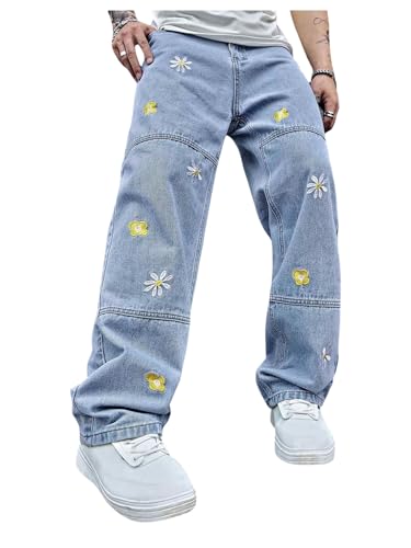 Verdusa Men's Baggy Pants Floral Embroidery Straight Leg Denim Jeans Streetwear