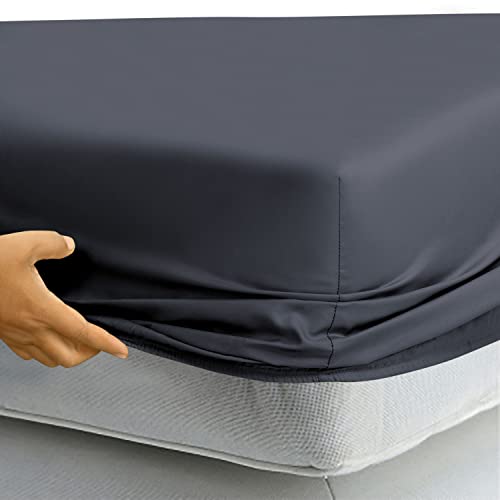 Royale Linens 400 Thread Count 100% Cotton Sateen Fitted Sheet - Ultra-Soft Wrinkle & Fade Resistant - Bottom Sheet - Deep Pocket Stretches Upto 16" - Fitted Sheet Only - Elastic Sheet (Charcoal,Full) #TOP1