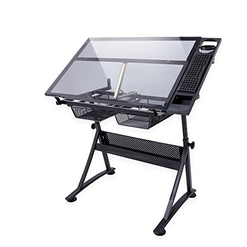 Adjustable Drafting Table, 80° Tiltable Drawing Tabletop with Tempered Glass, Drawing Table Artist Desk with 2 Drawers