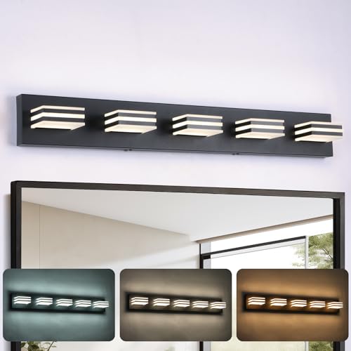 Image of LED Wall Black Vanity Lights for Bathroom Light Fixtures 30W Adjust 3 Colors Modern Bath Lighing Over Mirror Acrylic Heads LED Vanity Light (5-Light,34inch)