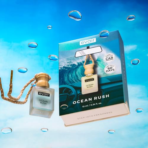 Image of Evair Ocean Rush Car Air Freshener | Hanging Car Perfume with Essential Oils | Long-Lasting Aroma in Glass Bottle with Wooden Diffuser Lid | 10ml Hanging Car Scent (Pack of 1)