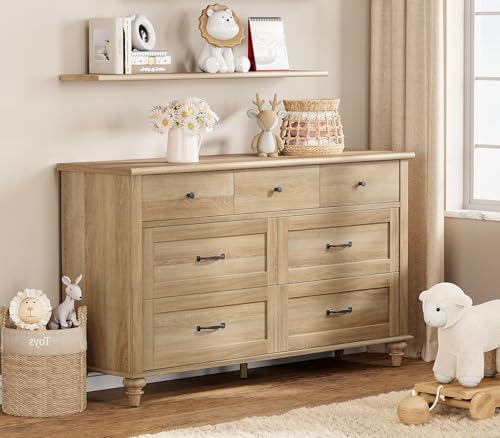 WAMPAT Wide Kids Dresser with 7 Drawers for Bedroom, Farmhouse Baby Dresser for Nursery & Kids Room, Wooden Chests & Dressers Closet Organizer for Children's Bedroom, 54 Inch, Oak