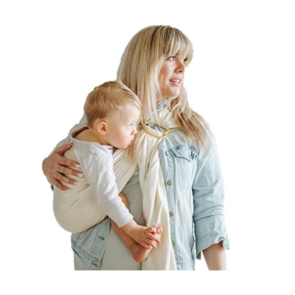 Shabany® - Ring Sling Tragetuch - 100% Bio Baumwolle - Babybauchtrage für Neugeborene Kleinkinder bis 15 KG - inkl. Baby Wrap Carrier Anleitung - beige (dances) – Bild 4