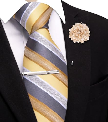 Image of Hi-Tie 63 inches Striped Paisley Extra Long Ties for Men Silk Necktie with Lapel Pin Tie Clip Big and Tall Men Formal Wedding