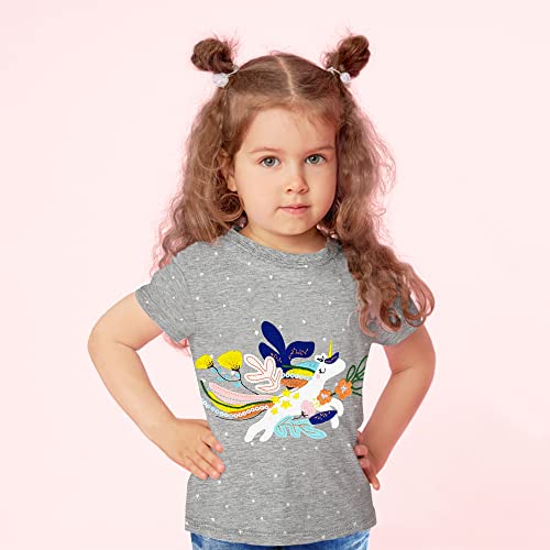Toddler Girls Short Sleeve Shirts Unicorn Graphic Cotton Shirt Tee Summer T-Shirts for Girls 2-7 Years(Gray Uni,4T)2