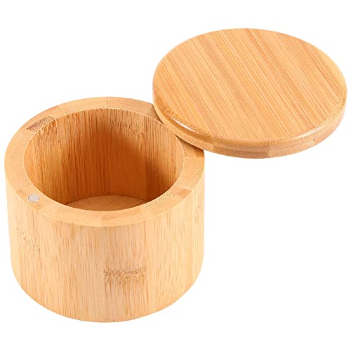 Haudang Lata de sal, caja de almacenamiento de bambú con tapa giratoria magnética, sal grabado en la tapa - SALZ Cover