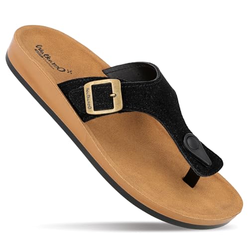 WALKAROO Women's Fashion Sandals with Cushion Sole, Toe Seperator, Broad Straps and Lightweight - WE2349 - Black Beige