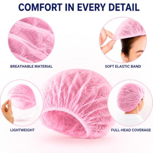 Image of Disposable Bouffant Caps, 21inches Hair Net, Elastic Dust Cap for Food Service, Kitchen Head Cover (Pink)