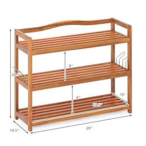 Giantex 3 tier shoe rack acacia wood shoe shelf with side metal hooks holds up 12 18 pairs shoe organizer shoe storage wooden shoe rack for entryway  urban country home decor