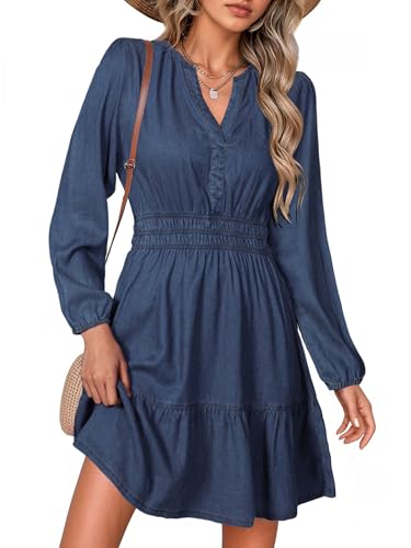 Image of Simplee Womens Fall Denim Dress Casual Long Sleeve V Neck Empire Waist Ruffle A Line Flowy Short Jean Dresses with Pockets