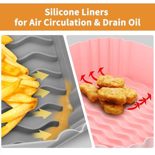 Image of 2 PCS Square Silicone Air Fryer Liners with 1 Pair of Oven Mitts, 1 Basting Brush and a 1 Tongs, Reusable Silicone Molds Air Fryer Accessories, Oil Brush, Replacement of Parchment Paper (Malti Combo)