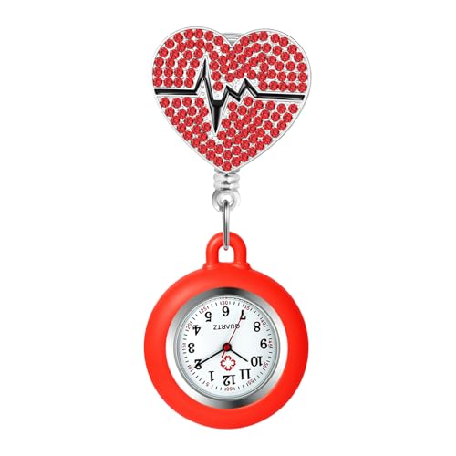 OIDEA Nurse Watch for Nurses Doctors: Full Rhinestone Heart Decoration Silicone Cover Retractable Lapel Fob Watches with Second Hand Clip-on Hanging Pocket Watch Red by OIDEA - Used condition - US$7.80