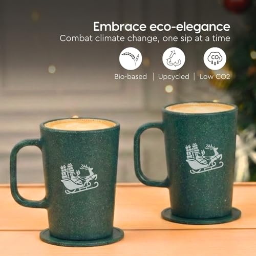 Image of Eha Earth-Friendly Christmas Gifts for Friends and Family | Secret Santa Gifts | Made with Rice Husk | Printed Christmas Mug and Coasters Set of 2, Keychain & a Loopac Box | 350 ml | Fern