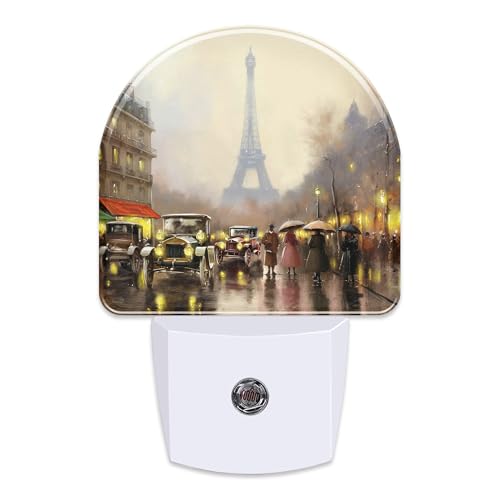 Image of Paris Eiffel Tower Oil Painting Night Light for Kids,City Street Night View Night Light Plug in with Dusk to Dawn Sensor,0.5w Energy Saving Nightlight for Hallway Stairway Kitchen Bedroom