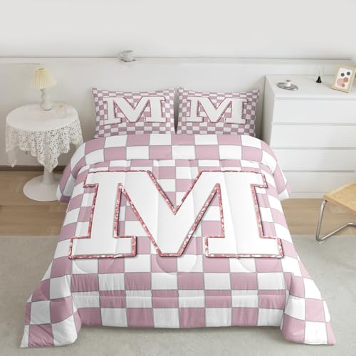 Image of Erosebridal Pink Initial M Bedding Set Queen Kawaii Plaid Checkered Comforter Set for Kids Girls Teen Women Cute Personalized Monogram Down Comforter,Fashion Grids Gingham Quilt Duvet