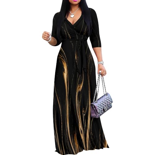 Image of Plus Size Maxi Dress for Women V Neck 3 /4 Sleeve Wrap Dress Black Gold XXL | Black Gold Floral Women's Maxi Dress