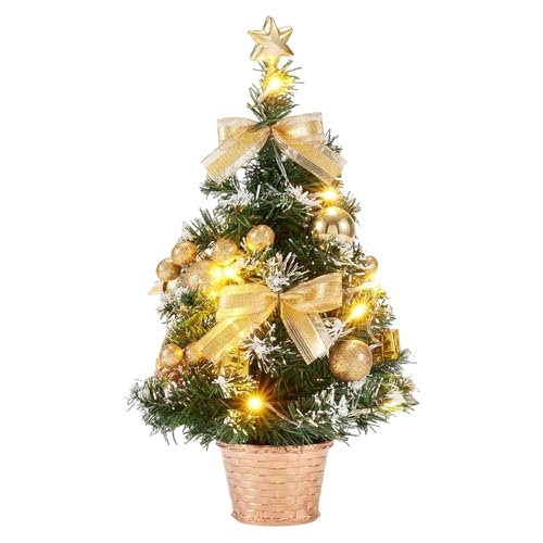 Arbol de Navidad Pequeño, Afenau 40cm Arbol de Navidad con Luces Incorporadas, Mini áebol de Navidad Artificial, arbol Navidad Pequeño para Decoración Navideña, Hogar y Oficina (Dorado)