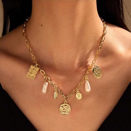 Gold Charm Necklace for Women White Pearl Choker Necklace Head Portrait Square Pendant Necklace Boho Charm Necklace Beach Necklace Jewelry for Women2