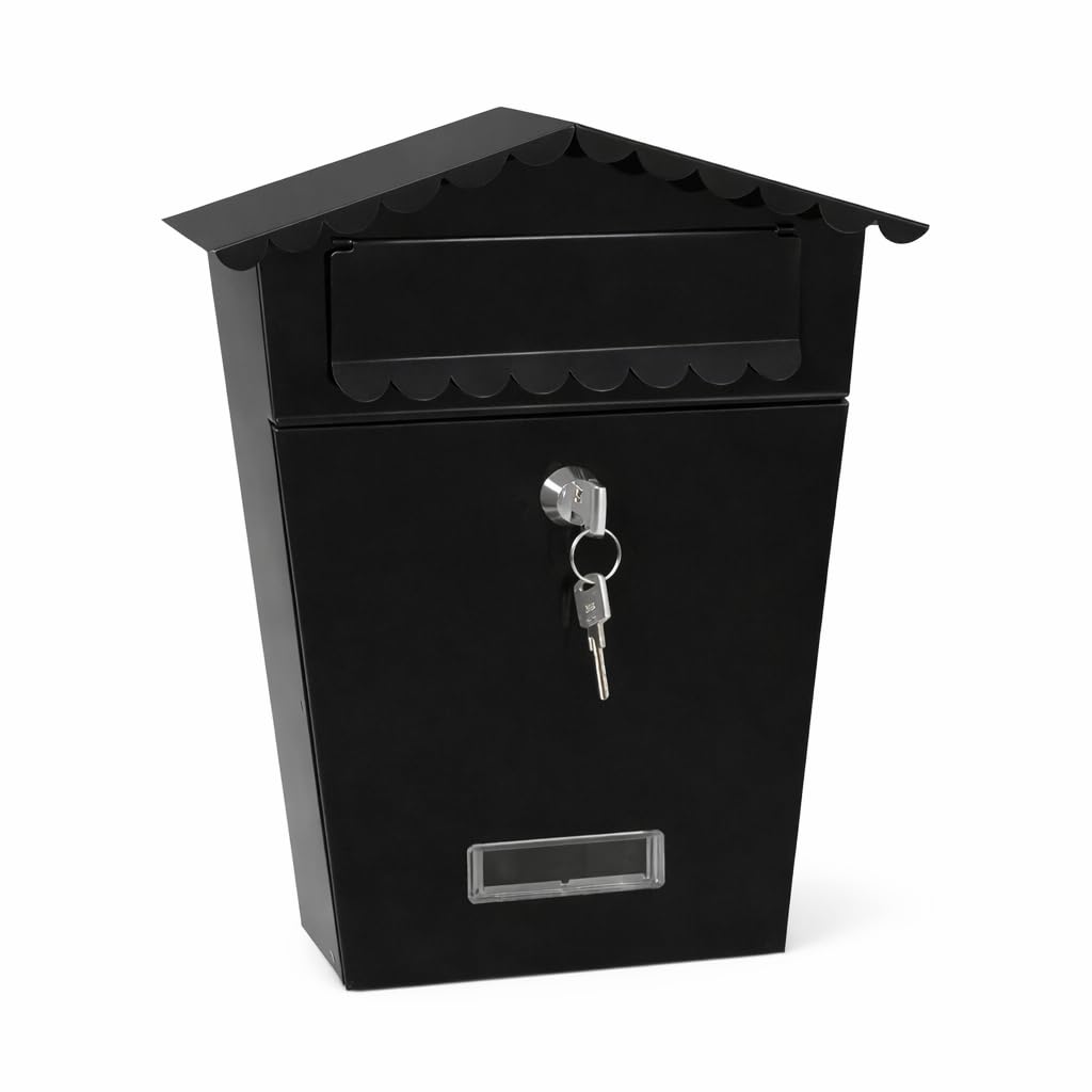 Wall Mounted Post Box with Keys | Weatherproof Post Box for Outside Wall | Lockable Letter Box | External Mailbox for Home & Office | Black