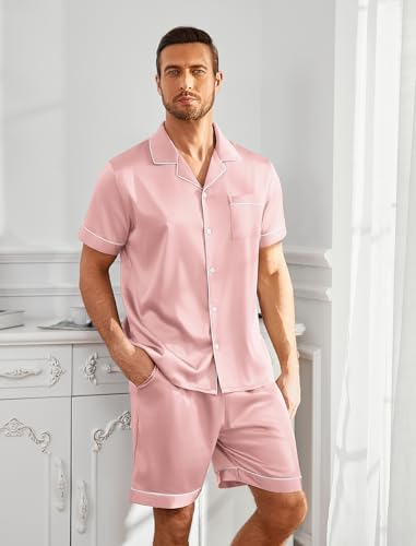 Vssjavun Mens Satin Silk Pajamas Sets Short Sleeve Button-Down Sleepwear Two Piece Loungewear with Pockets