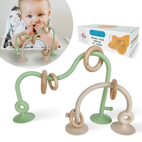 Image of Eco Mama Shop: Silicone and Wood Table Top Teether, Montessori Educational Teethers, High Chair Teethers with Suction Cups, Silicone Teething Toys for Babies (Olive and Beige)