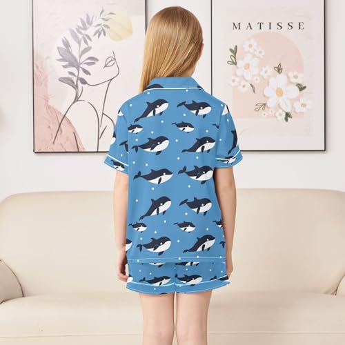 Cartoon Killer Whale Print Summer Satin Pajama Set, Cute Button-Down Sleepwear Pj Set for Sleep Wears4