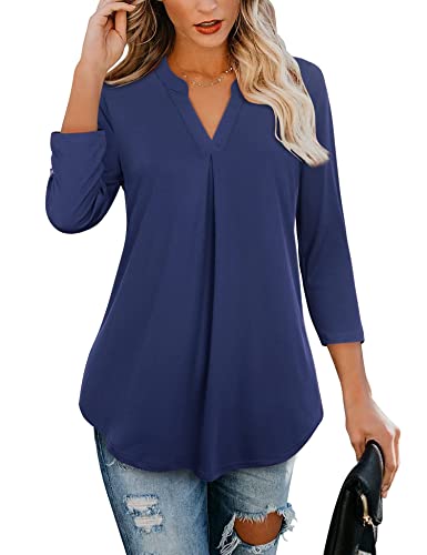 Gaharu Women Shirts And Blouses For Work Petites 3/4 Sleeve Top Office Henley V Neck Pleats Summer Tunic Blue,Medium #TOP3