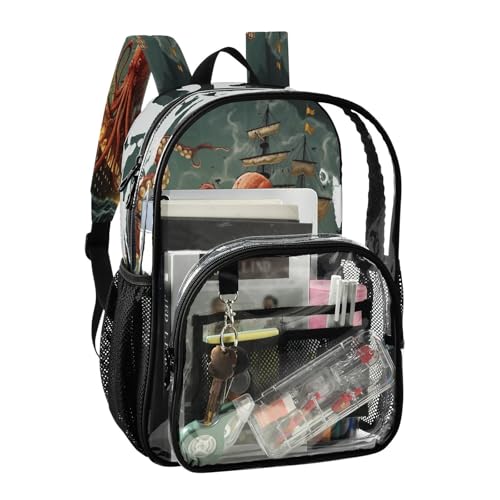 Sea Octopus Wave Clear Backpack - Stadium Approved Large 15.7-inch Waterproof Transparent Bag for Sports, Concerts, Work, Travel#1832