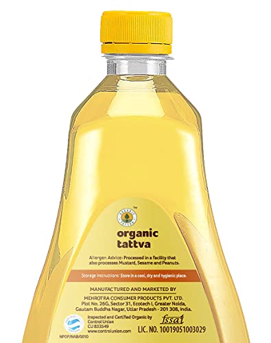 Image of Organic Tattva, Organic Sesame Oil, 1 Litre | Unrefined Safed Til Ka Tel | Cholesterol and Tran Fat Free| 100% Organic | Pesticide and Chemical Free | Pure and Unadulterated | Double Filtered | Expeller-Pressed | Pack of 1