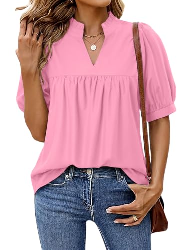 Image of KISSMODA Womens Puff Sleeve Ruffle V Neck Blouses Babydoll Peplum Pleated Shirts Summer Casual Elegant Loose Fit Tunic Tops for Leggings A Pink