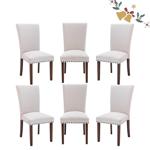 Image of Set of 6 Beige Upholstered Dining Chairs, Farmhouse Kitchen Chairs with High Back, Solid Rubberwood Legs, Comfortable Padded Foam Seat, Bronze Nailhead Trim, Dining Room Chairs for Large Families