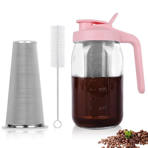 Image of Cold Brew Coffee Maker,32 oz Mason Jar Pitcher with Stainless Steel Filter, Pour Spout Handle Lid, Heavy Duty Glass Airtight & Leak-Proof Pitcher for iced coffee Tea Lemonade-Pink
