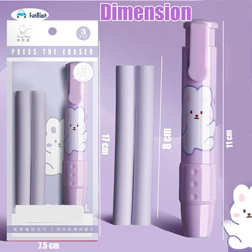 FunBlast PenShaped Erasers – Retractable Eraser, Press Mechanical Rubbers with 2 Pcs Refill Erasers for Kids Students, Stationery Gift for Kids, Return Gift (Purple) - Image 3
