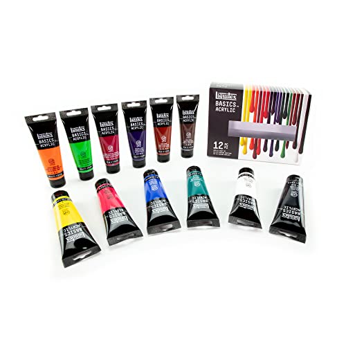 Liquitex 3699391 Basics Acrylic Paint Set - 12 Colours in 118 ml Tubes, Lightfast Artist Acrylic Paint, Medium Viscosity, Silk Gloss, Ideal for Painting, Mixed Media & Art Projects