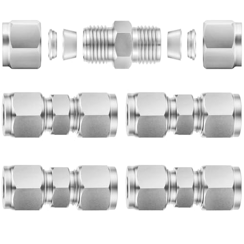 Image of ChillWaves 304 Stainless Steel Compression Tube Fitting, 1 /4 inch OD x 1 /4 inch OD Compression Union Connector(5-PACK)