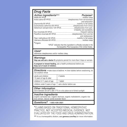 genexa sleepology for adults  melatonin free sleep aid  promotes rest  natural vanilla amp lavender flavor  certified organic amp non-gmo  homeopathic remedy made clean  60 chewable tablets