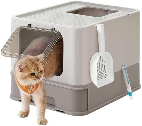 Feandrea Katzentoilette, mit Deckel, ausziehbares Tablett, weniger Spuren | Katzenklo, geräumig für Katzen bis 15 kg, Schaufel, Bürste, auslaufsicherer Boden, hellbraun, BOXAL Koll