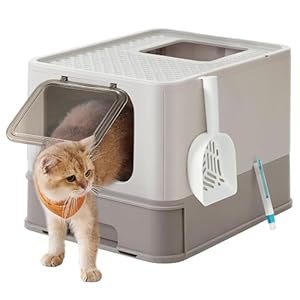 Feandrea Katzenklo, Katzentoilette, mit Deckel, ausziehbares Tablett, Schaufel, Bürste, für Katzen bis 15 kg, weniger Spuren, auslaufsicherer Boden, haferflockenfarben-warmgrau PPT001G01