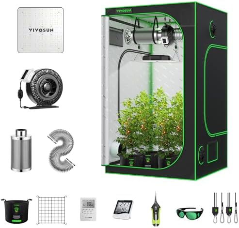 VIVOSUN GIY 4x4 Grow Tent Kit Complete, 4x4 Ft. Grow Tent Complete System with VS1000 Led Grow Light 6 Inch 440CFM Inline Fan Carbon Filter and 8ft Ducting Combo, 48"x48"x80"