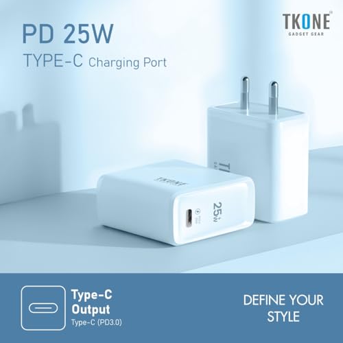 Image of TKONE 25W Fast Charging Adapter, Type C, for iPhone 17 /16 /15 /14 /13 /12 Series, Samsung Galaxy S25 /S24 /S23, OnePlus, Nothing & Others, Advance Safety Protection (White)