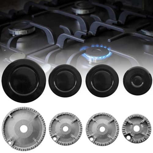 Gas-brenner Crown & Flammenkappe für Ofen Herd Herdplatte,Brenner-Set + Abdeckplane für Kochplatten,Brenner 8 Teile,Ofenherd Gasbrenner Krone Flamme Kappe Kit Gasherd Zubehör konkav Silber