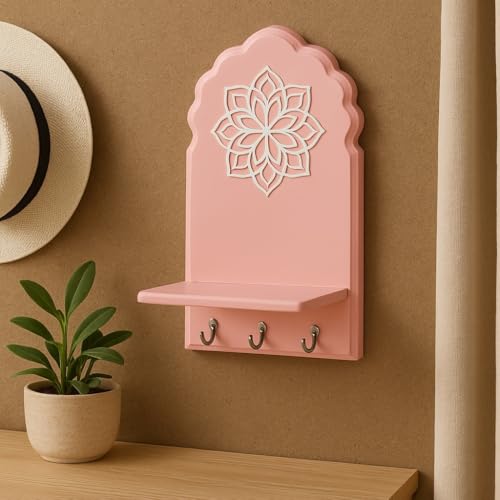 Image of Globally Indian Engineered Wood Keys Holder for Wall with Shelf, Mandala Design Key Stand Organizer for Home Entrance |Decorative Key Hanger for Wall, Entryway, Living Room |Floating Wall Shelf (Pink)