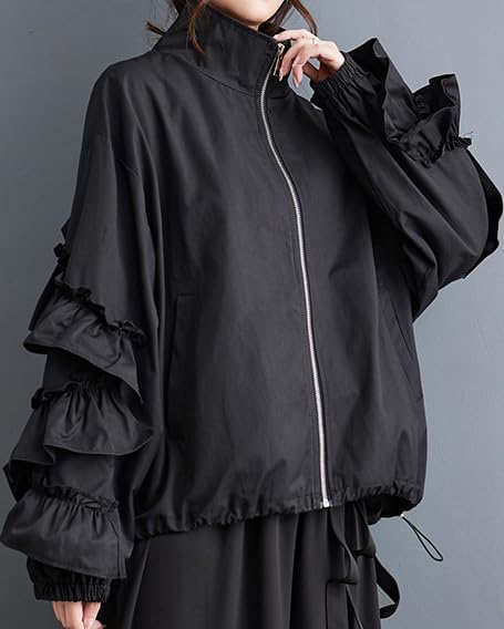 ellazhu Women's Coats Trench Mock Neck Long Sleeve Oversize Zip Up Side Pockets Solid Ruffled Outerwear GZ638 A - Image 2