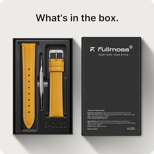 Image of Fullmosa Watch Straps 20mm, Axus Series Leather Strap Replacement Watch Strap with Stainless Steel Metal Clasp for Men Women 14 /16 /18 /20 /22 /24mm, Yellow 20mm | Strap for Garmin Vivoactive 6 /5,Venu Sq 2 /Sq,Galaxy Watch 7 /6 /5 40mm 44mm Women Men, Yellow&Silver Buckle